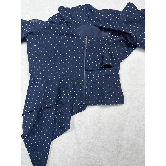 Self-Portrait Navy White Swiss Dot Plumetis Frilled One Shoulder Blouse Top SZ 6 - Picture 4 of 8